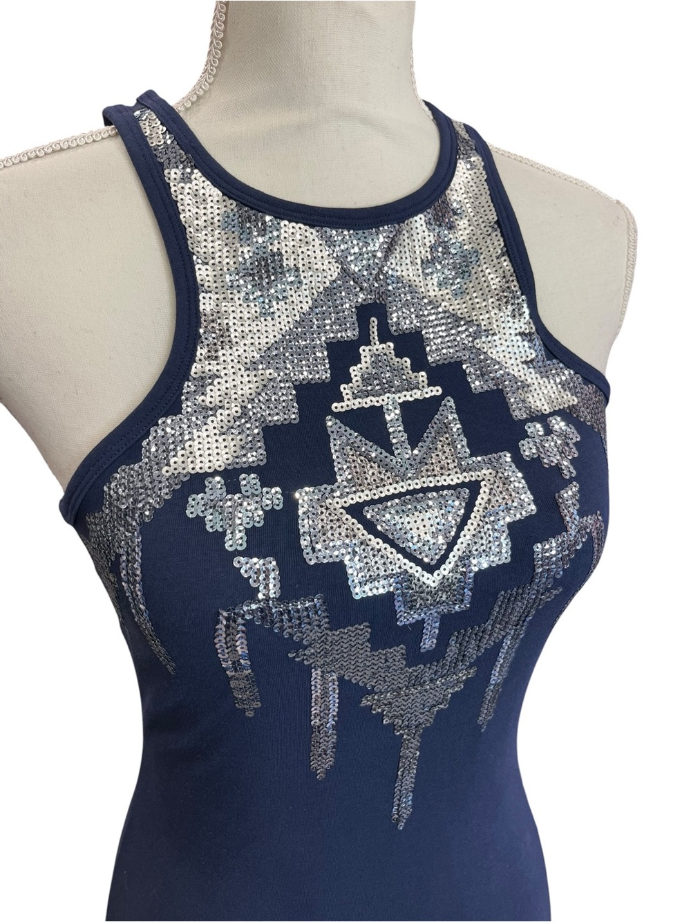 Express Sequin Aztec Bodycon Dress XS Navy Blue Racerback Stretch Mini - Picture 3 of 10